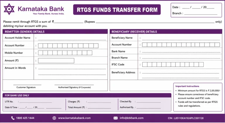 Karnataka bank RTGS Form