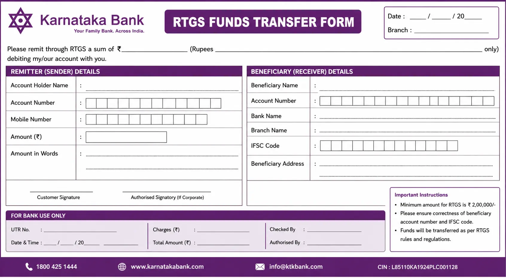 Karnataka bank RTGS Form